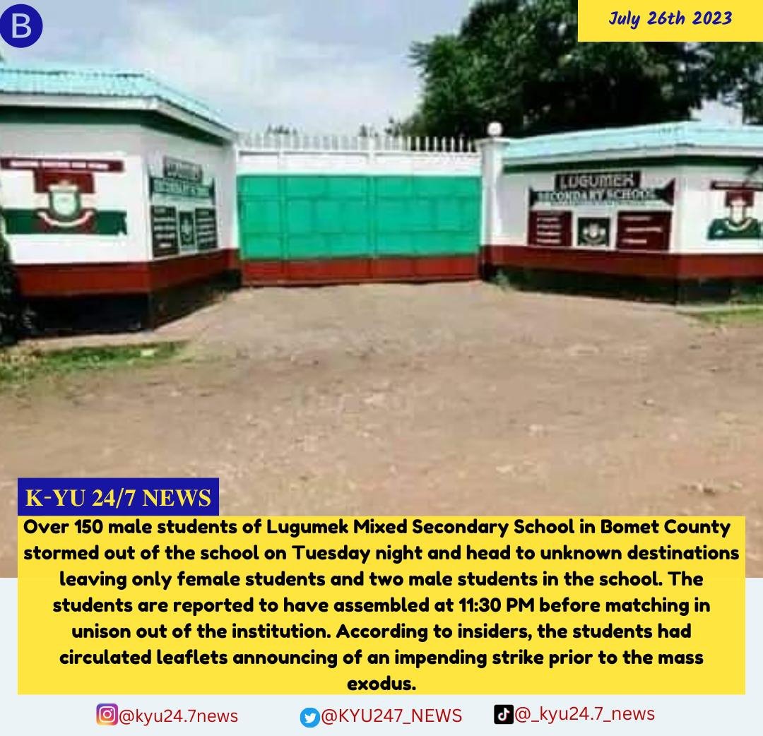 KYU247_NEWS's tweet photo. Over 150 students storm out of Lugumek Mixed Secondary School in a mass exodus strike #Willymutunga https://t.co/w3oX1eOr6K