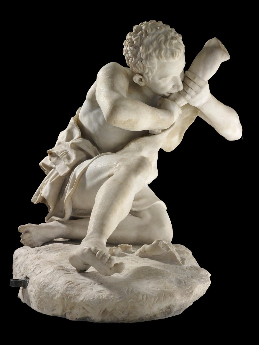 OptimoPrincipi's tweet photo. The Roman 'Cannibal'. While this marble statue might initially seem to show a cannibal tucking into a human arm, it is in fact just one half of a larger statue group depicting two boys playing the popular ancient game of knucklebones. Quarrelling over the game, one of the boys bites the arm of his (now missing) opponent. 1st century AD, found in the Baths of Titus, Rome.