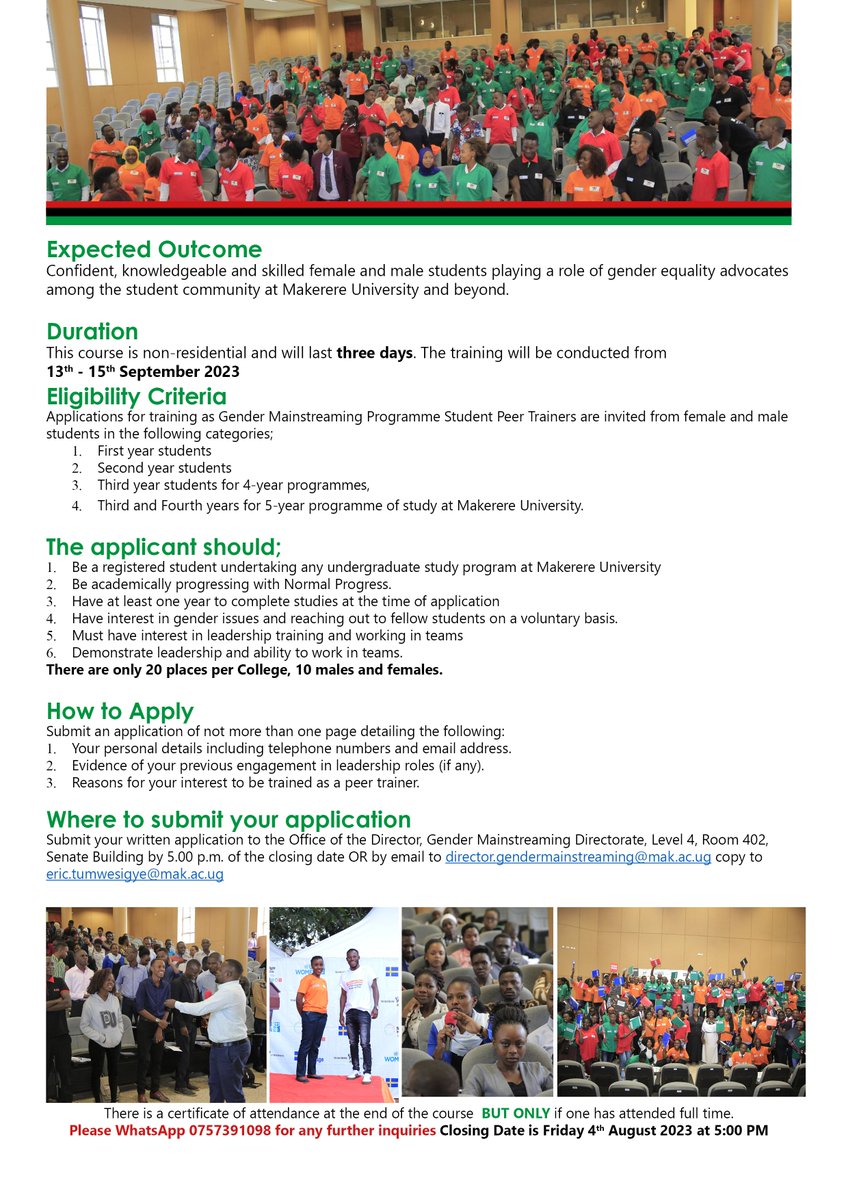 MakerereGMD's tweet photo. Call for Expression of Interest for the Gender Mainstreaming Programme Student Peer Trainers for the Academic Year 2023/2024. 

Applications are now open! Please find the details👇 https://t.co/qD89uV1Lek