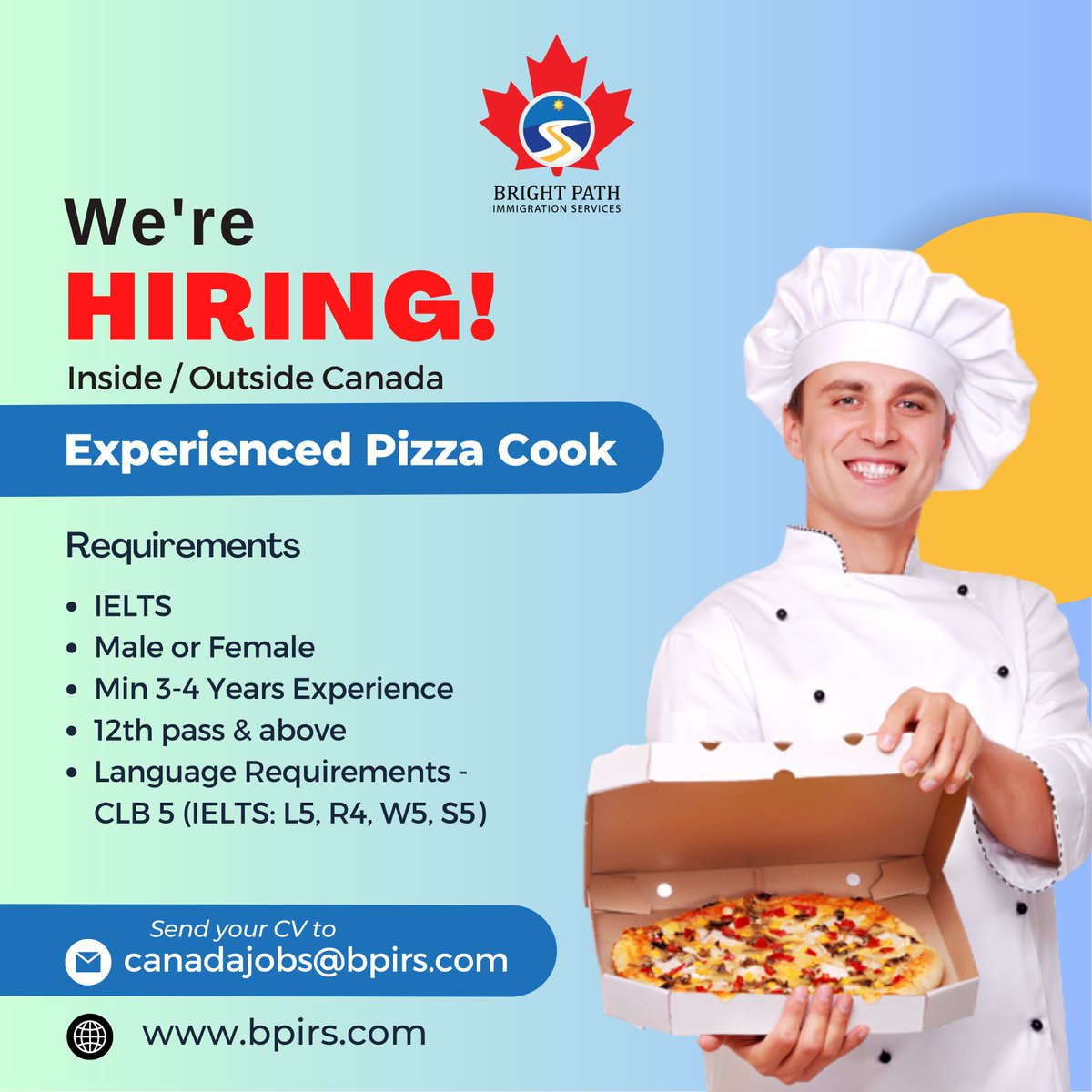 We're Hiring!
Inside / Outside Canada
Experienced Pizza Cook

🍁CONTACT🍁
📧: canadajobs@bpirs.com
🌐: bpirs.com

#bpirs #canadaimmigration #canada #workpermitcanada #permanentresident #hiringnow #cook #eperience #joboffering #pizzacook