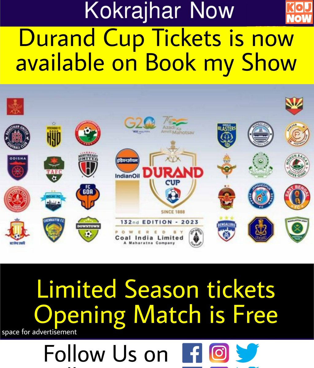 KokrajharNow's tweet photo. DURAND cup tickets is now available on Book my show 
Limited Season tickets are available
Book yours Bow
Opening Match of DURAND cup is free

#Kokrajhardistrict #Kokrajharnow #Kokrajhar
#DURAND_cup https://t.co/7q1nLoWR7n