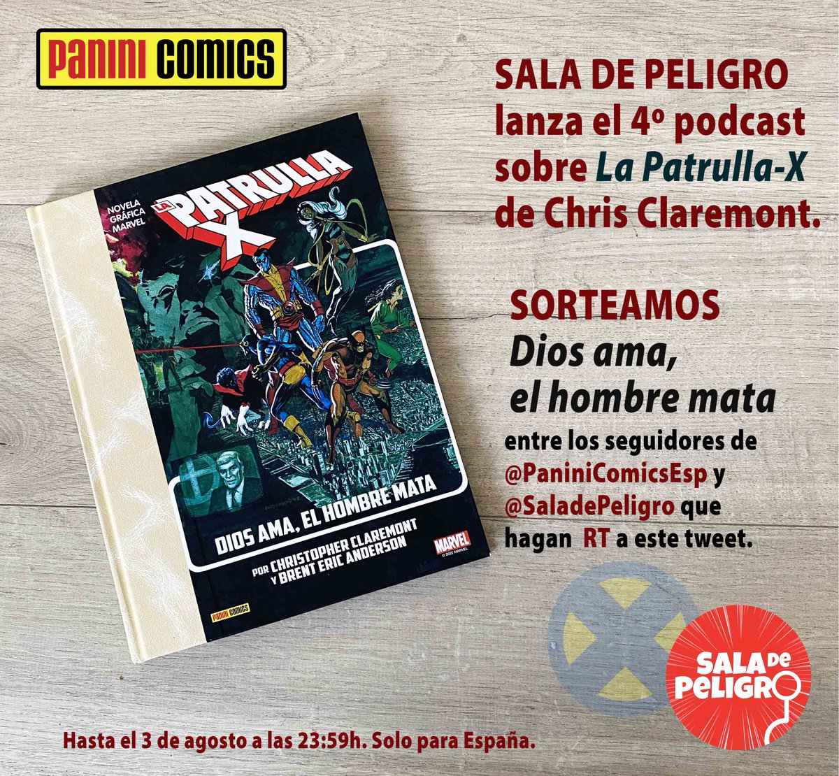 CONCURSO.
Sala de Peligro lanza el 4º podcast de La Patrulla-X de Chris Claremont y lo celebramos sorteando la novela gráfica Dios ama, el hombre mata.
Lo habitual: seguir a <a href="/SalaDePeligro/">Sala de Peligro</a> y <a href="/PaniniComicsEsp/">Panini Cómics España</a> + RT a este tweet.
Podcast: ivoox.com/sdp-198-la-pat…
Hasta 3 de agosto.