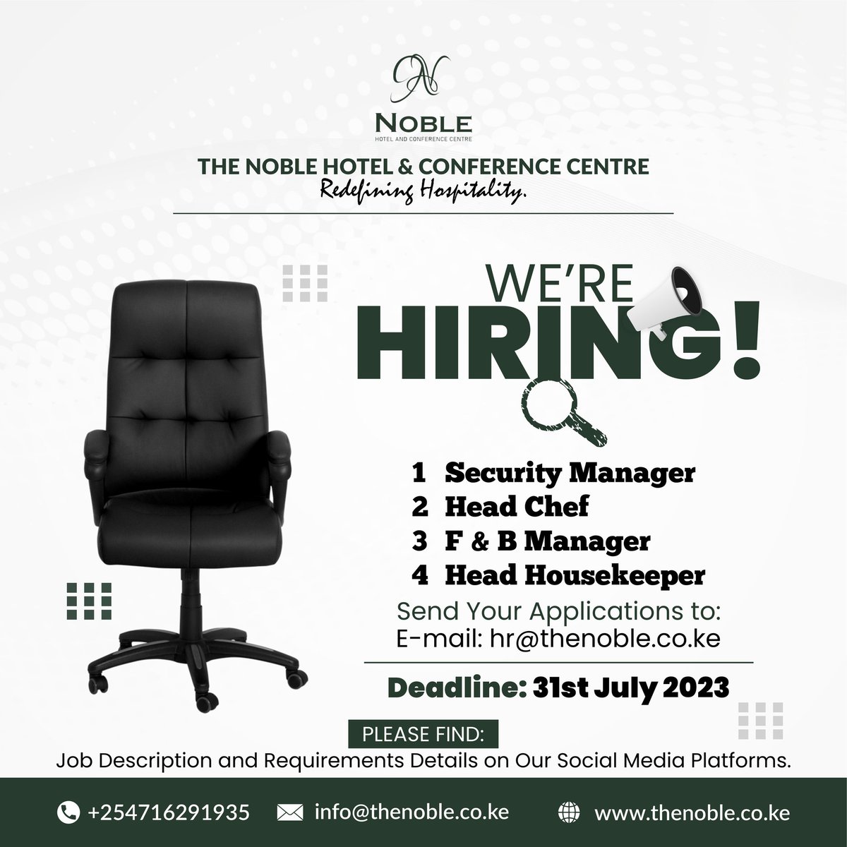Join Our Hospitality Team at The Noble Hotel and Conference Center Eldoret! 

 #HospitalityCareers #EldoretJobs #JoinOurTeam #TheNobleHotel #ConferenceCenterEldoret