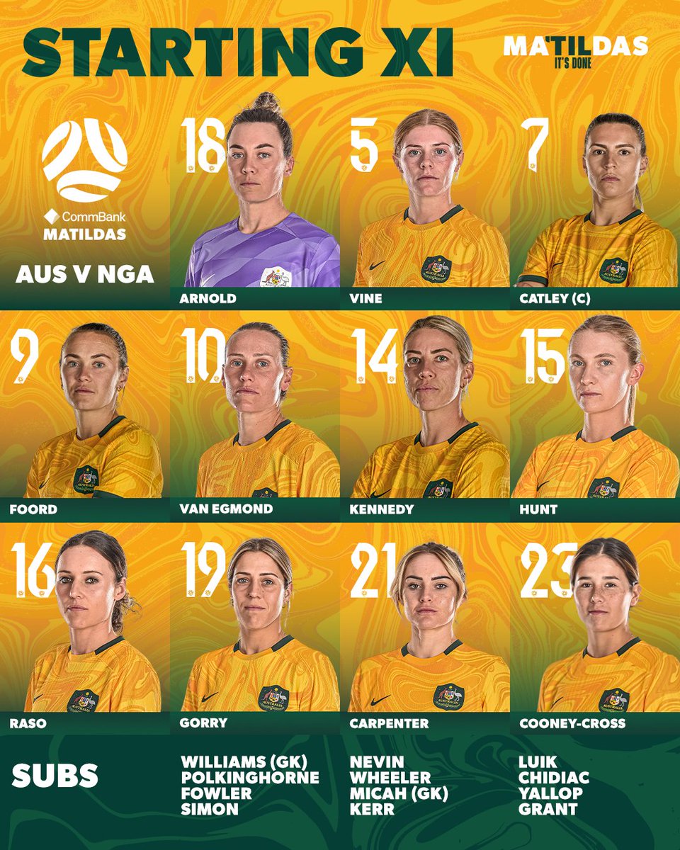 TheMatildas's tweet photo. STARTING XI 🗒

Here's how we line up for our second #FIFAWWC group game against Nigeria!

⏰: 8:00pm AEST
📺💻📱: @channel7 &amp; @optussport

#Matildas #TilitsDone https://t.co/GopFljFyq2