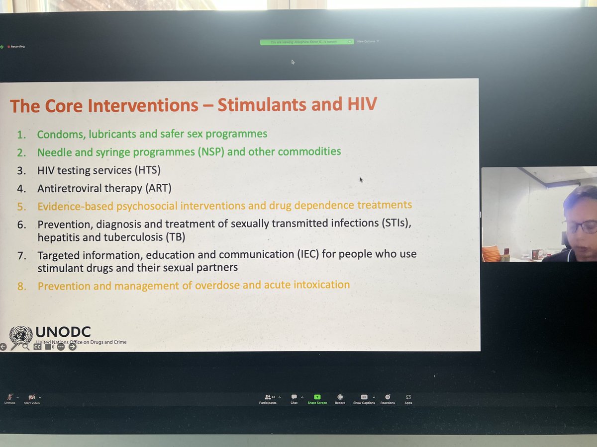 Day 3 ⁦@UNODC_HIV⁩ #Stimulants and #HIV webinars promoting ⁦@WHO⁩ ⁦@UNAIDS⁩ UNODC Technical Guide for People who Use Stimulants. Today’s focus is on psychosocial and pharmacotherapies and overdose prevention and management. #harmreduction ⁦@Coactteam⁩