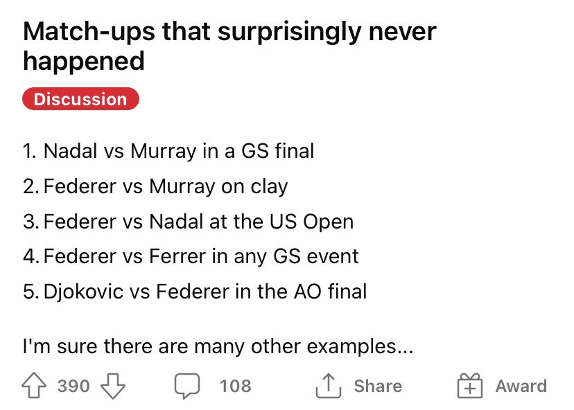 RT @rogerbestbystat: Djokovic vs Federer @ Wimbledon 

Never happened. A missed opportunity in my opinion. https://t.co/27aP8rrCdx