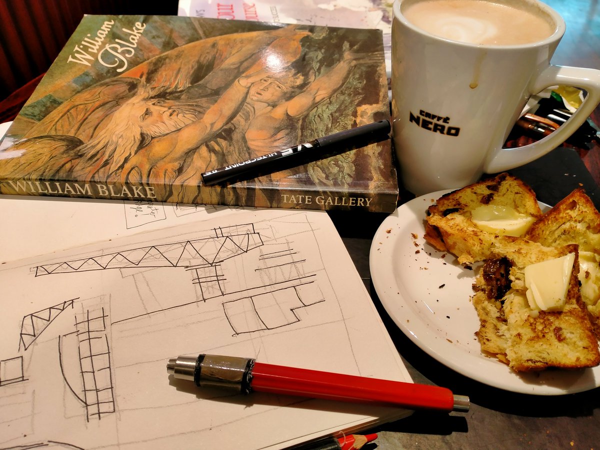After a session at the #RenewWellbeing 'Living Rooms' project in #Northallerton,  some drawing of shipyards, with coffee and William Blake 😊 in @CaffeNero 
#drawing #coffee #art #shipyards
#contemporaryart #contemporarydrawing #arttobuy