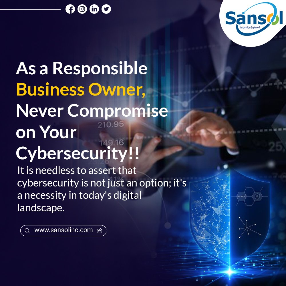 As a responsible business owner, never compromise on your cybersecurity!!
It is needless to assert that cybersecurity is not just an option
.
.
.#sansol #Sansolinc #CybersecurityMatters #SecureBusinessOwner #CyberSafetyFirst #ProtectYourBusiness #DigitalSecurityMatters#
