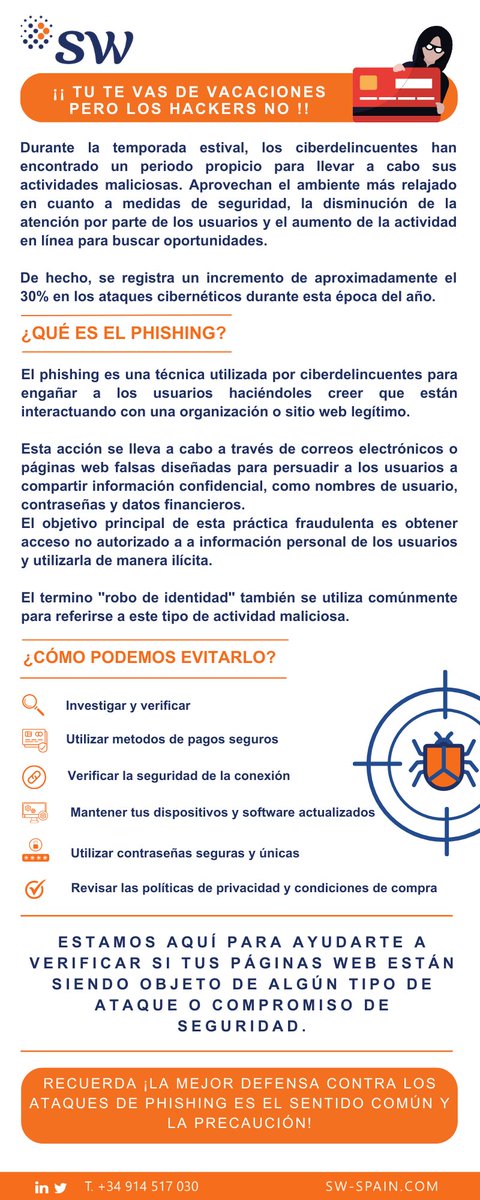 sw_spain's tweet photo. ¡Cuidado durante el verano! Los ciberdelincuentes están más activos que nunca.

Los ataques cibernéticos aumentan alrededor de un 30% durante esta época del año. Por eso, es crucial estar alerta y mantenerse informado sobre las últimas amenazas para proteger nuestros datos. https://t.co/hX65UbSUia