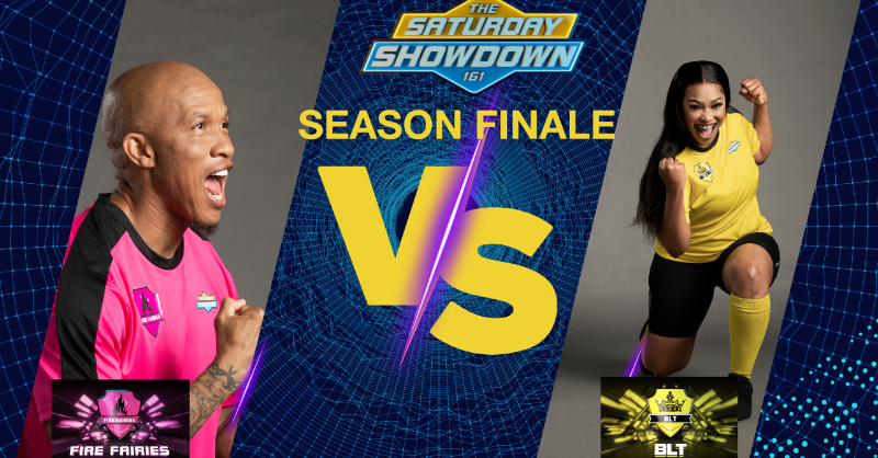 Mzansimagic's tweet photo. It’s down to two teams, #BLT and #FireFairies vying for that massive grand prize up for grabs. Which team will take it? Find out on the #SaturdayShowdown season finale this Saturday at 17:00.