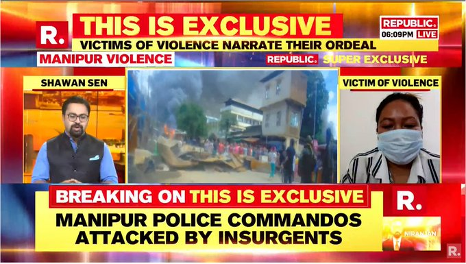 republic's tweet photo. "No security was given. Police were silently watching and doing nothing when the mob was attacking the villagers," says Churachandpur violence victim while speaking to Republic on #ManipurViolence 

Ground reports and EXCLUSIVE interviews only on  #ThisIsExclusive with @shawansen now LIVE, on-air, & online. 

#ManipurViolence #ManipurHorror #ManipurIncident #ManipurNews 
https://t.co/M2UwHTPYpp