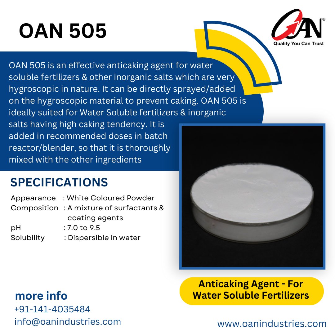 oanindustries's tweet photo. OAN 505 - Anticaking Agent For Water Soluble Fertilizers
#anticakingagent #anticakingagentforwsf #fetilizeradditives #wsfadditives #fertilizer #chemicalmanufacturing #chemicalmanufacturer #oanindustries https://t.co/AxdPTIPILN