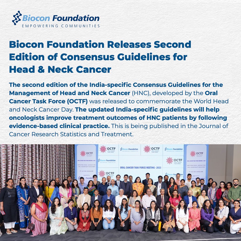 BioconBiologics's tweet photo. #HappyToShare: Biocon Foundation, the CSR arm of the #BioconGroup, held its annual Oral Cancer Task Force Conference in Bengaluru on Jul 27, 2023. The second edition of the India-specific Consensus Guidelines for the Management of Head and Neck Cancer (HNC), developed by the Oral Cancer Task Force (OCTF) was released to commemorate the 'World Head & Neck Cancer Day'. Read for more: https://t.co/MX749jGL5d