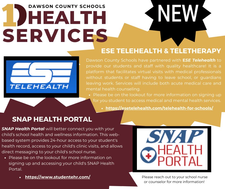 Dawson County Schools Health Services are introducing two new resources to improve the quality of care for our students and their families! Don't worry; we will send additional instructions when it's time to register for these services! But for now, check out the information!