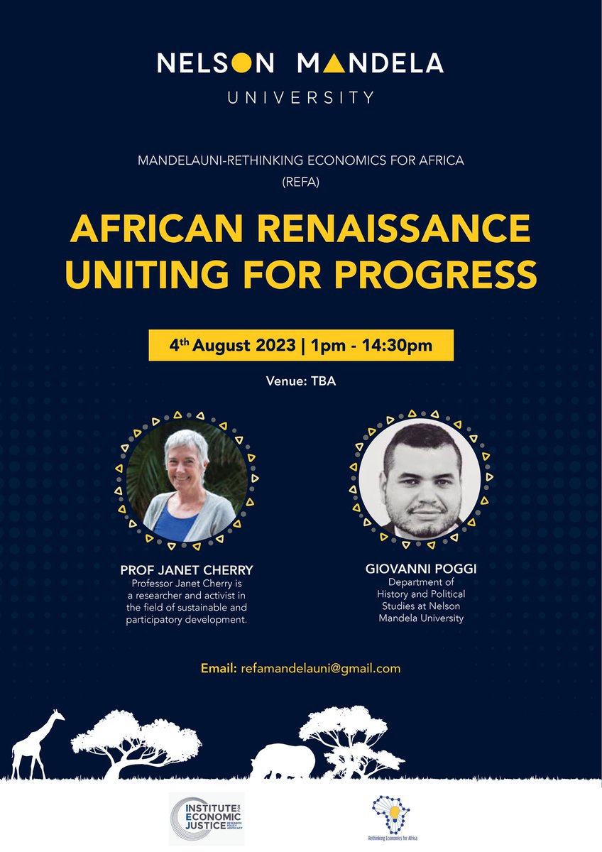 Dear Responsible citizens, 

We back again with another critical discussion, join us 4th of August as we focus on African Renaissance Uniting for progress with our honourable guests Prof Janet Cherry and Giovanni Poggi. 
 
Don’t forget to RSVP !