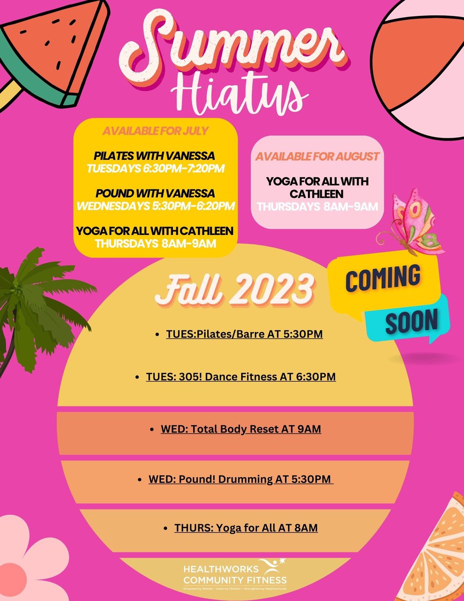 We will continue to have yoga through August. All other classes will be back in September! #summer #hiatus #august #September #fitness #health #yoga #pilates #pound #totalbodyreset #305 #dancefitness