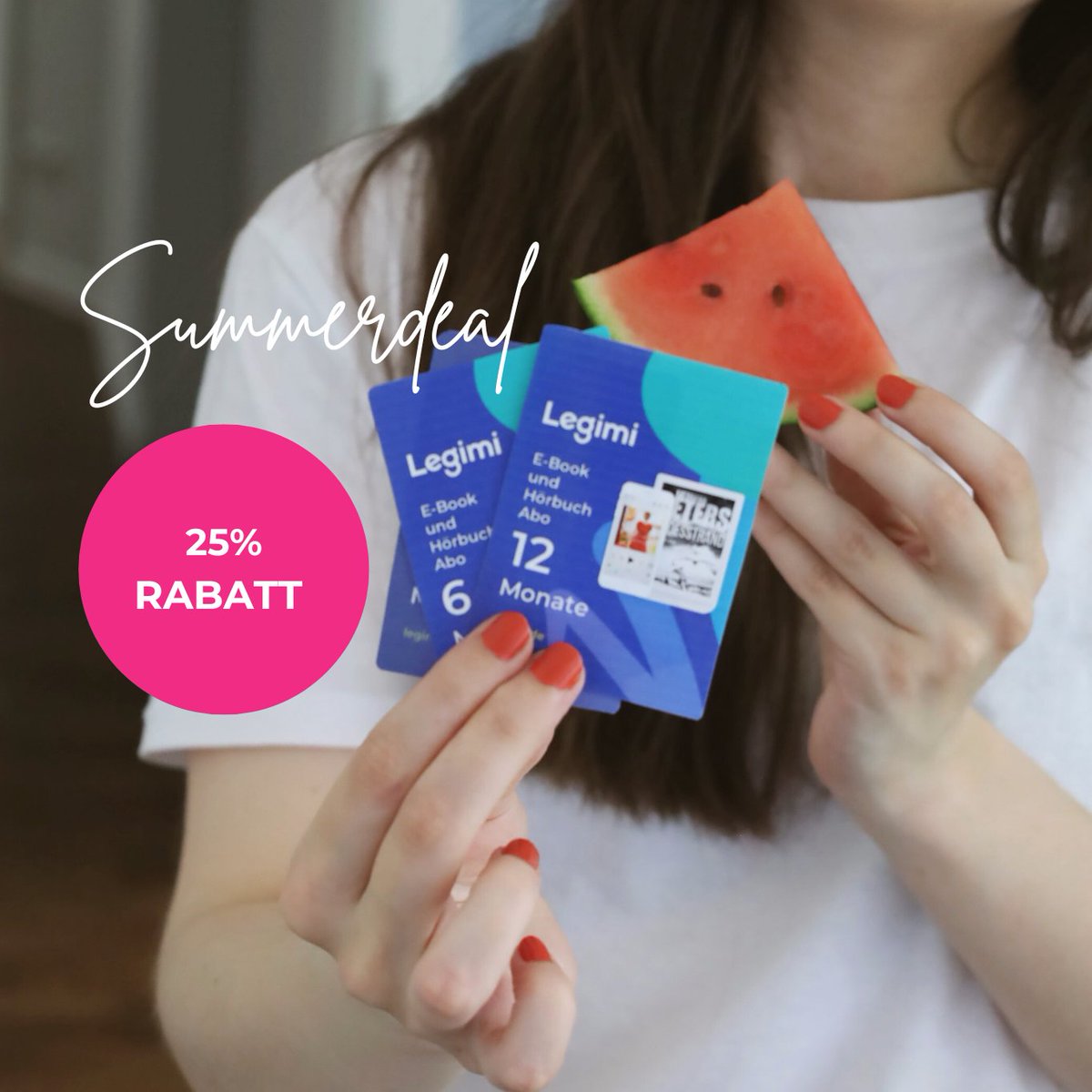 Halbzeit bei unserem Sommerdeal!
Derzeit gibt es noch auf alle 3,6 und 12 Monats-Gutscheine ganze 25% Rabatt!

Hier geht´s zu den Gutscheinen, Preisen und Infos: legimi.de/geschenkgutsch…

#legimi #leseabo #gutschein