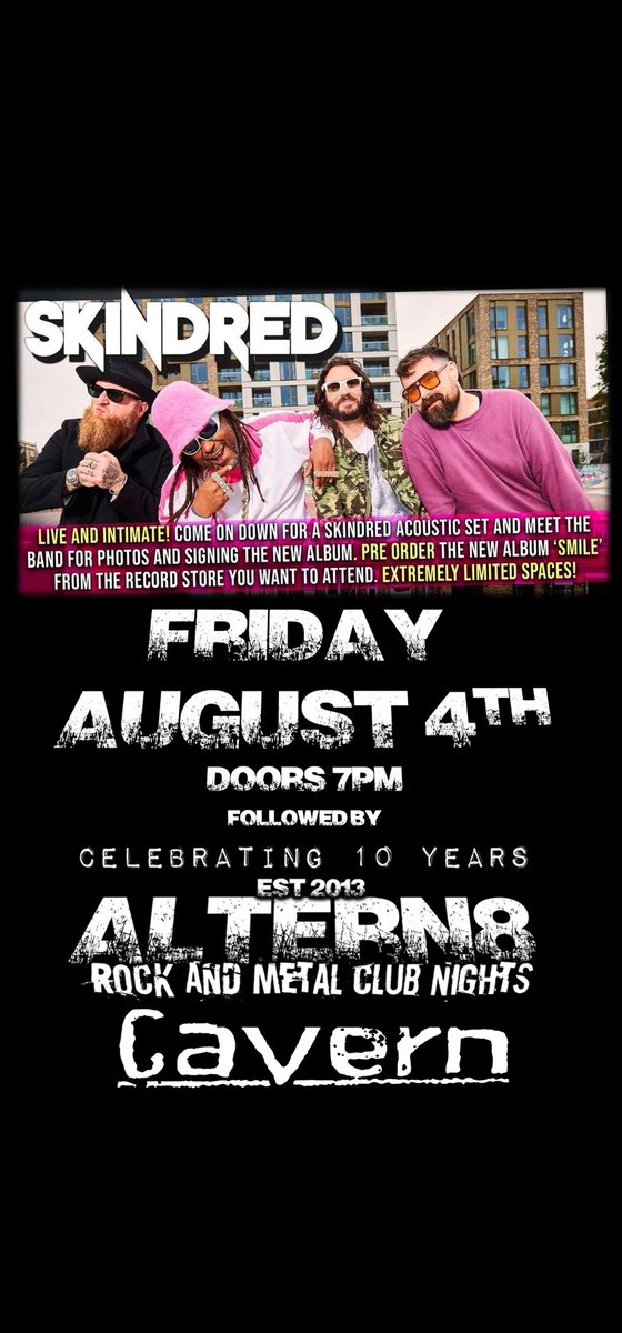 ALTERN8DEVON's tweet image. ICYMI - One of our favourite bands are playing our home next Friday!

The mighty @Skindredmusic return to @ExeterCavern for an intimate acoustic session, before we run riot on the decks

Hit the link below for tickets:

webstore.earache.com/skindred-ticke…