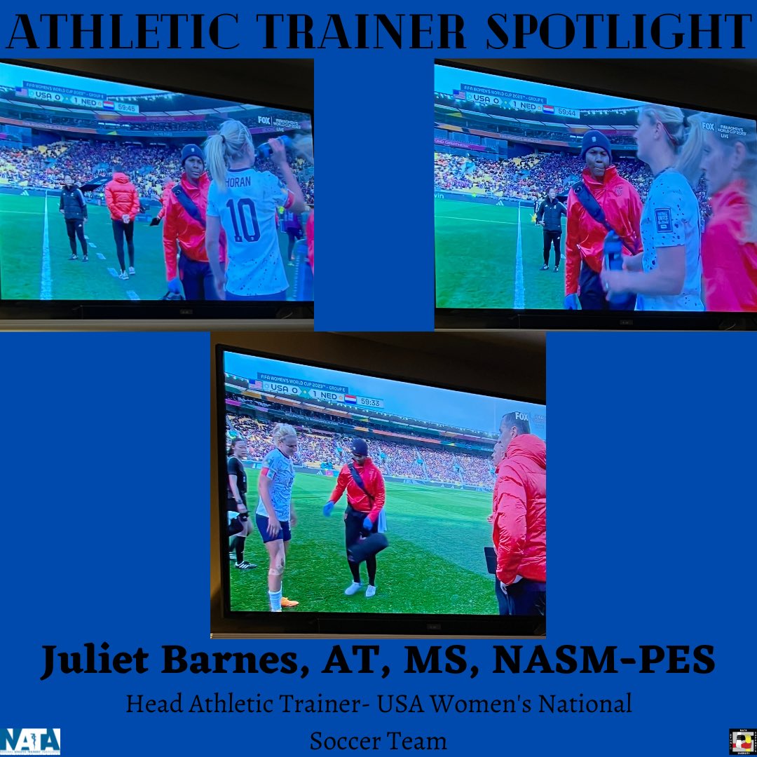 EDACNATA's tweet photo. Have you been watching the FIFA Women's World Cup? If you have, you may have seen Juliet Barnes, AT, MS, NASM-PES providing care to the USA Women’s National Soccer Team. Good luck to everyone participating!#EDAC365 #EDAC4ALL #RepresentationMatters #DiversityMatters https://t.co/SP3PbpBEv9
