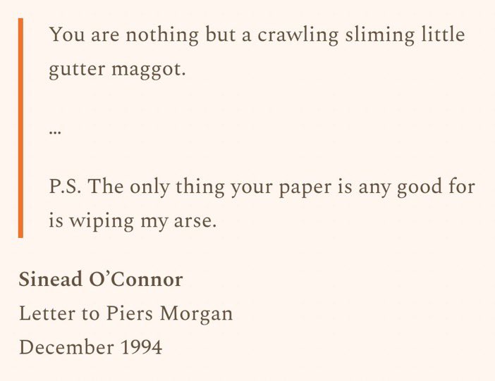 ScrtDrugAddict's tweet photo. Sinéad O'Connor

Letter to Piers Morgan 
December 1994 https://t.co/MAUIH5a2Ez