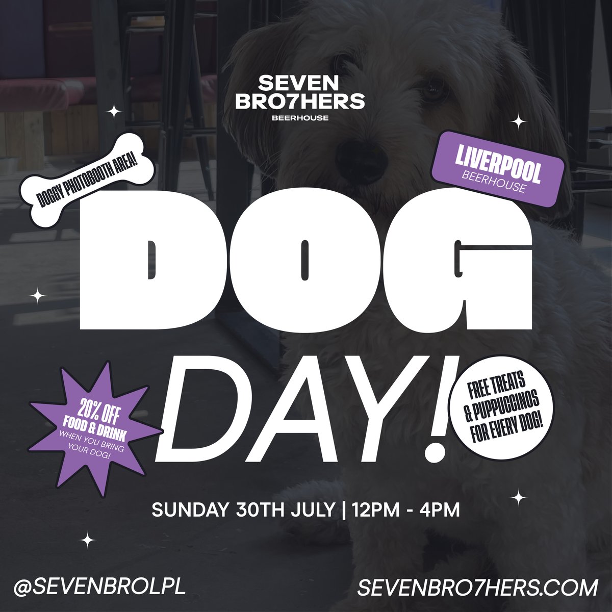 DOG DAY THIS SUNDAY! 🐶🍻

Bring your doggos out for a fantastic afternoon! FREE puppuccinos &amp; treats available as well as 20% off food &amp; drinks when you bring your dog along 🤑

🗓️ THIS SUNDAY
⏰ 12-4pm
💰 FREE!
📍 SEVEN BRO7HERS BEERHOUSE Liverpool, Wolstenholme Square, L1 4JJ