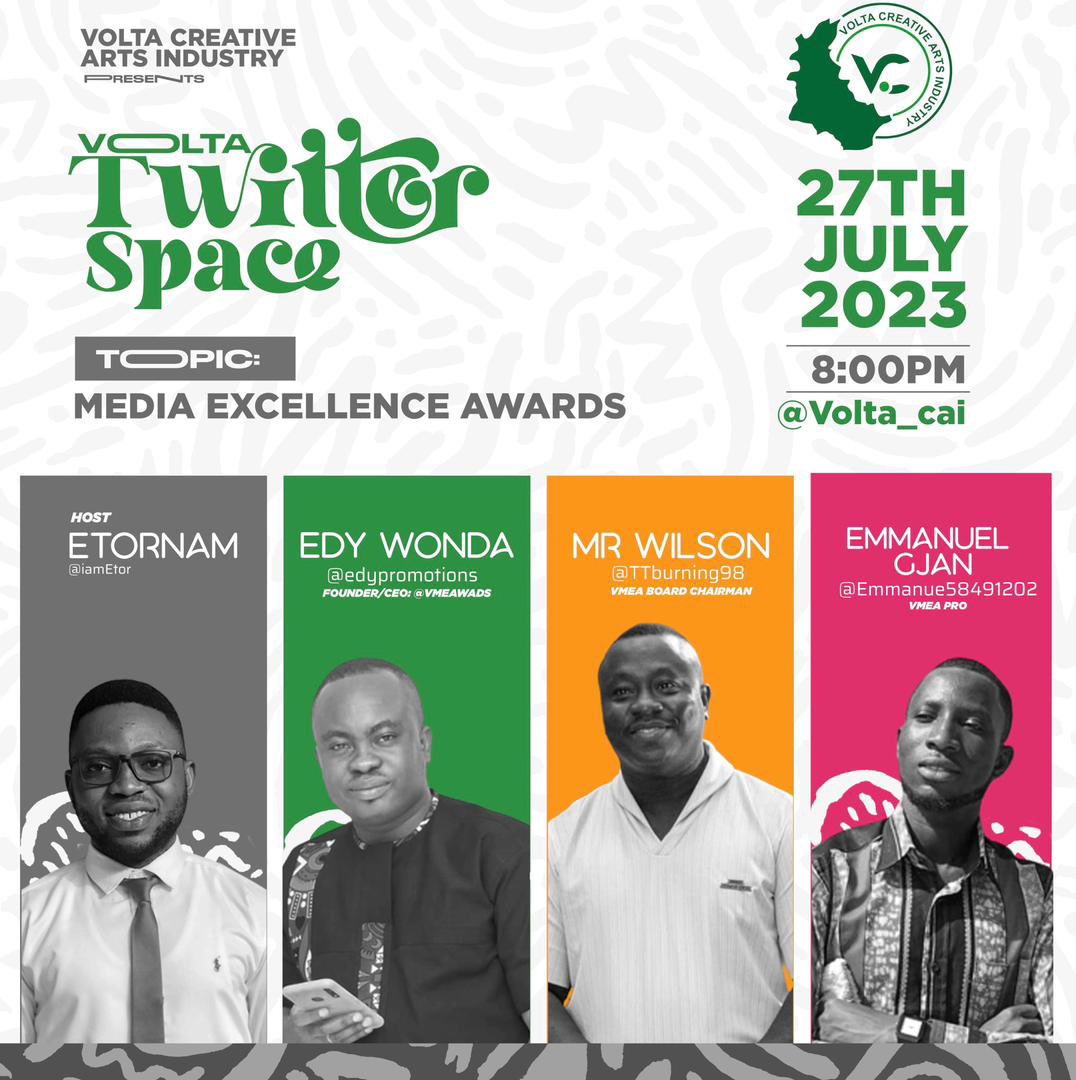 midnytupdates's tweet photo. Join @Emmanue58491202 PRO @VMEAwards @TTburning98 Board Chairman and @edypromotions Founder/CEO at 8pm on @Volta_CAI space tonight to talk about the upcoming Volta Media Excellence Awards on 29th of July 2023 inside Ho Technical University JCR. 
#vmea23 https://t.co/TpzULQUDPU https://t.co/dgo0hobsjZ