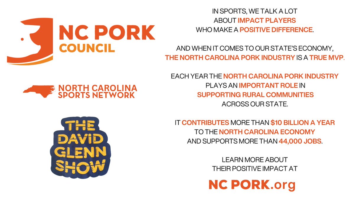 The NORTH CAROLINA SPORTS NETWORK 
thanks FOUNDATIONAL PARTNER, 
The NORTH CAROLINA PORK COUNCIL, @ncpork 
for their Support of the #NCPorkIndustry
& 44K #NCJobs | NCPORK.org

@TheNCSportsNet