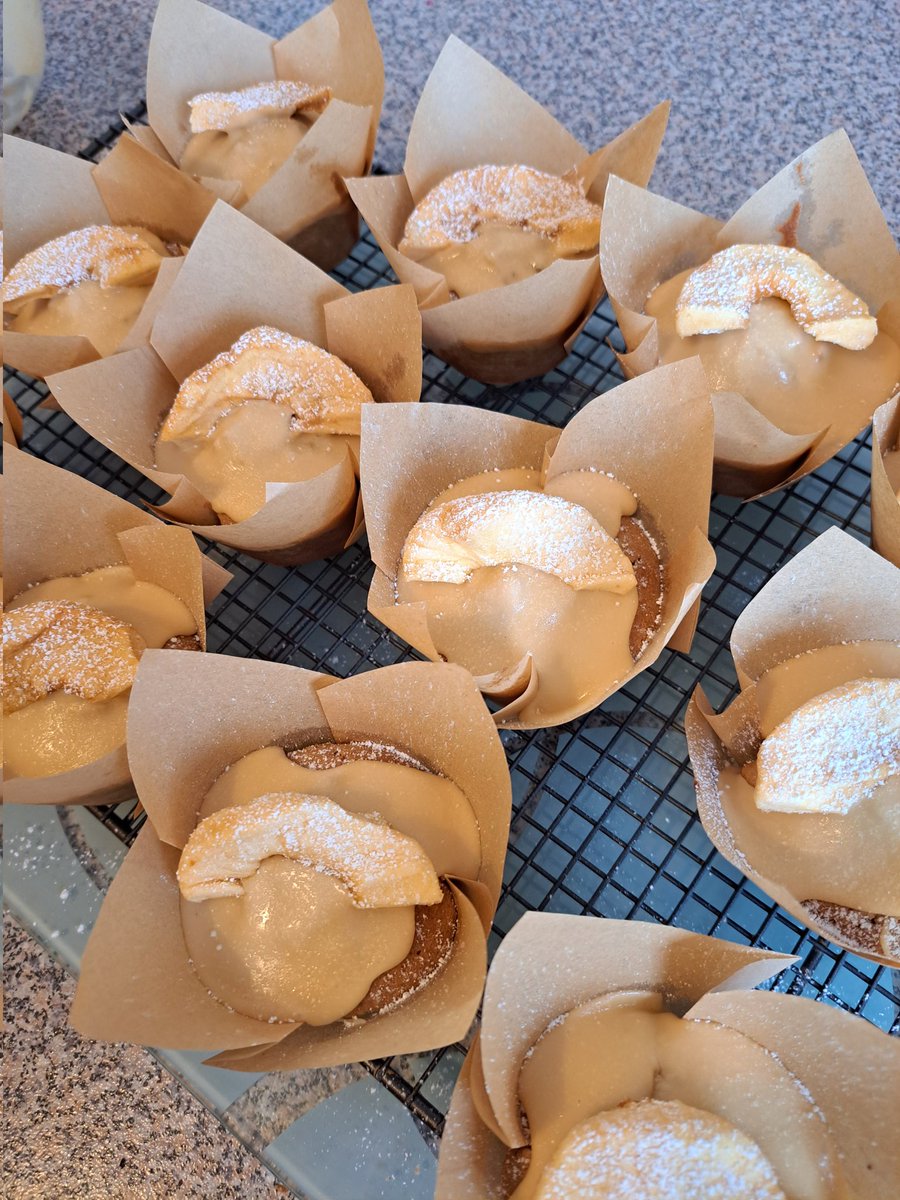 This week's #teatimetreat is a cinnamon muffin with a stewed apple filling, topped with a toffee water icing and a half moon of apple! #delicious