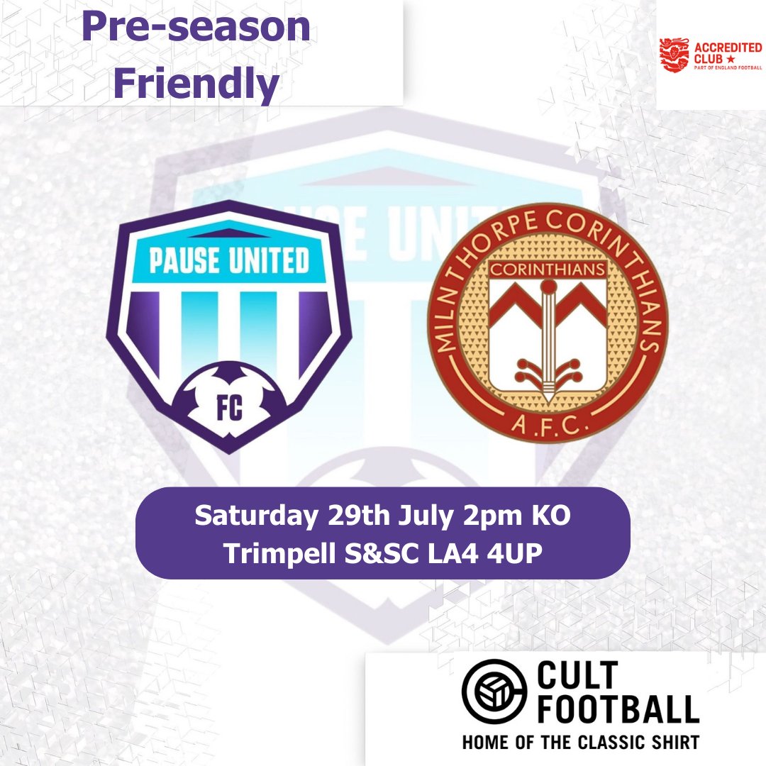 PauseUnited's tweet photo. 🟣 Pre-season friendly vs Milnthorpe Corinthians FC
Saturday 29th July KO 14:00 - Trimpell Sports & Social Club Trimpell Sports and Social Club @MilnCorinth @westlancsleague
https://t.co/exw2NVT2iu
https://t.co/MCDMrJPDI2
#BuildaBetterLife
#footballandwellbeing https://t.co/ztC3olTrg9