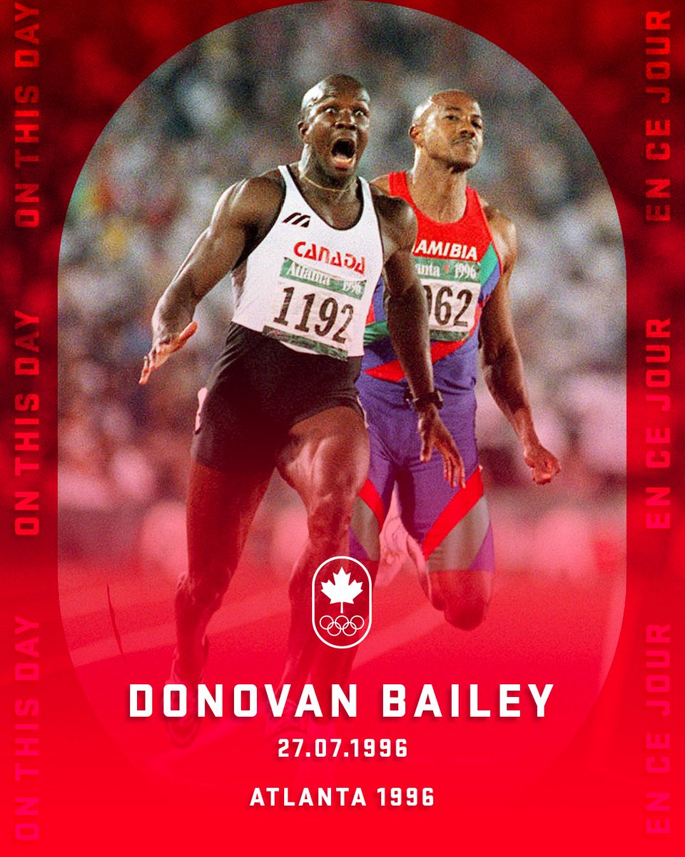 ⭐ En ce jour ⭐ À Atlanta en 1996, Donovan Bailey a remporté la médaille d'or 🥇 au 100 mètres 👟 et a battu le record du monde de l'épreuve avec un temps de 9,84 secondes ! ⚡#ÉquipeCanada