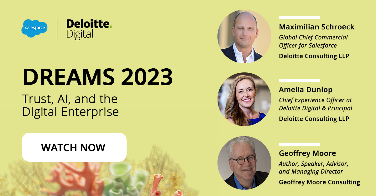 DeloitteDigital's tweet photo. Couldn’t attend our @salesforce #DREAMS2023 event? Worry not! Our virtual sessions are now available on-demand. Try our session that explores the role of AI in changing work environments and trust issues that can arise. Explore the series now! 

https://t.co/4PuSQWfrWQ https://t.co/7rqb4wwpGC