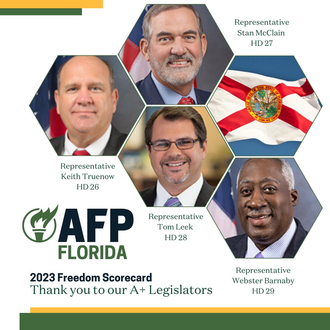 AFPFlorida's tweet photo. Thank you, Florida State Representatives @SodFatherFL , @RepMcClain , @leek_tj, and @websterbarnaby for being A+ champions during the transformative 2023 Legislative Session! They are strong advocates for freedom in Florida. #FlaPol #2023session #afpfl #floridascorecard https://t.co/jz40bnaWNk