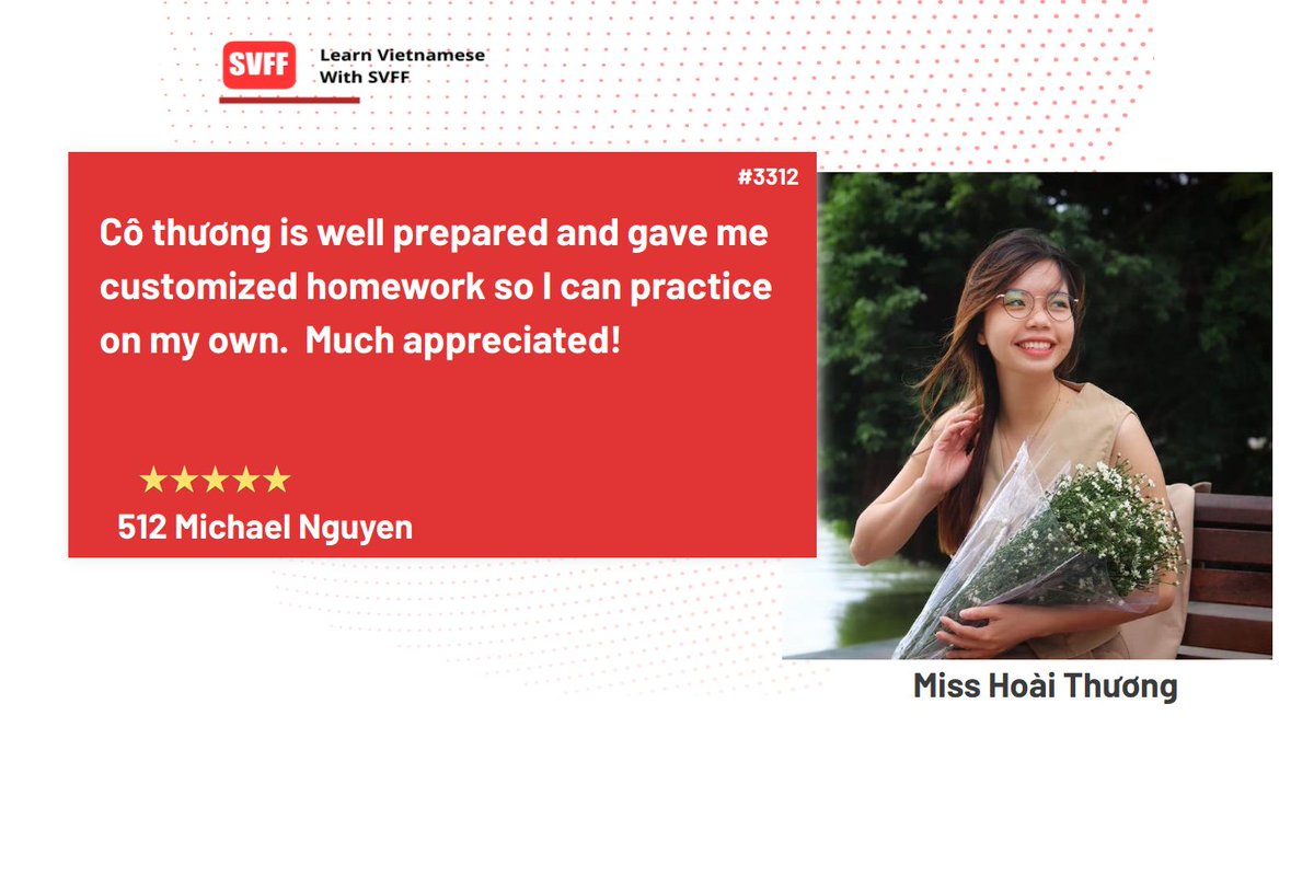 svffvn's tweet photo. A lovely feedback for Miss Hoài Thương
"Cô thương is well prepared and gave me customized homework so I can practice on my own.  Much appreciated!" 
#svff #learnvietnamese #hoctiengviet #learnvietnameseonline https://t.co/9TfwQ69IBa