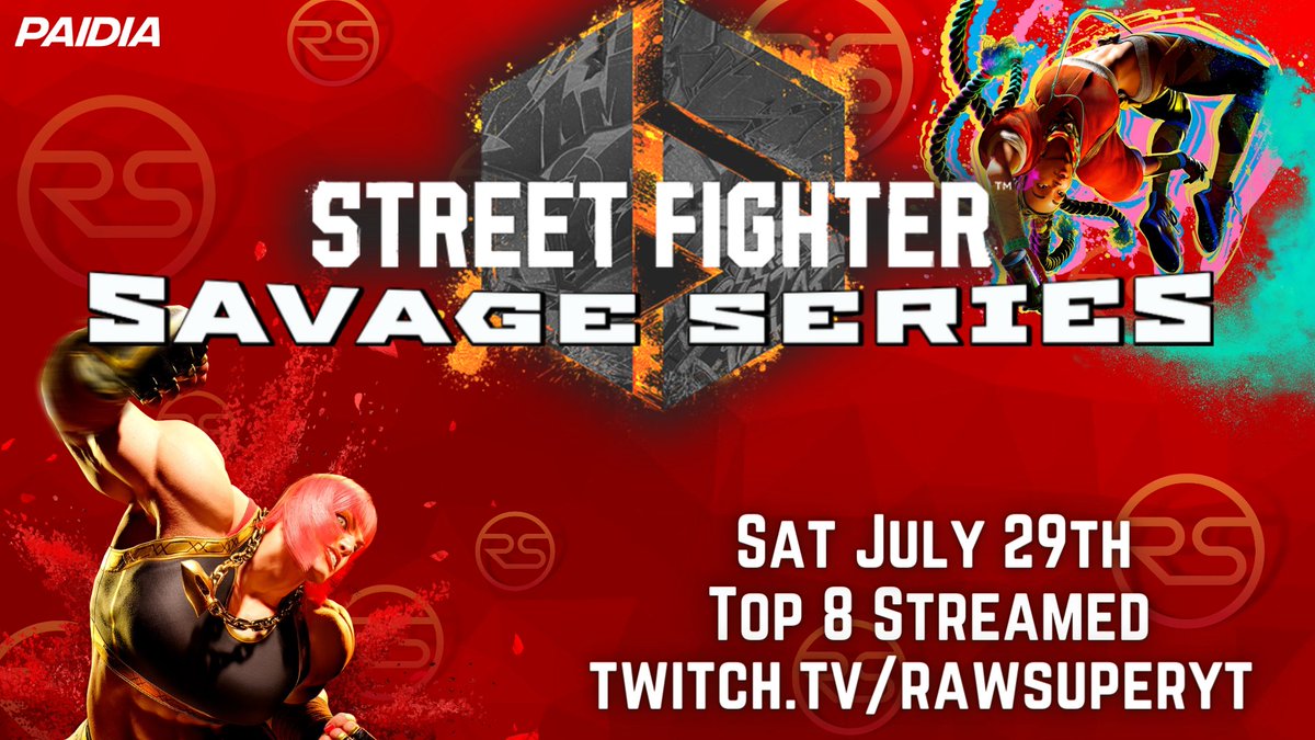 The Street Fighter Savage Series returns THIS SATURDAY! Gonna be a busy weekend for World Warriors everywhere. 

🗓️Sat July 29th
🕐7:30 PM EDT
💸$50 Starting Pot 
🎮 Crossplay 

Matcherino (claim codes) - shorturl.at/eqQ35
SIGN UP - shorturl.at/ouGMP

#PoweredByPaidia