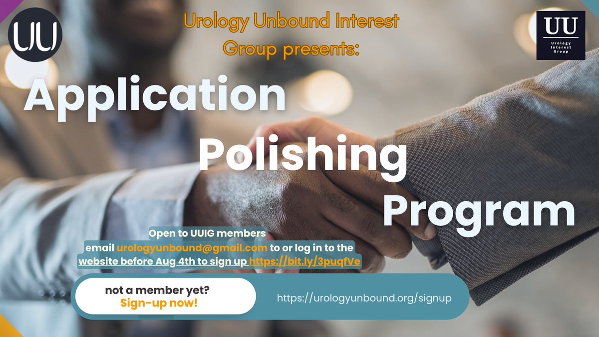 UroUnbound_IG's tweet photo. Are you a #UUIG member aiming for #uromatch24? Get the guidance you need with our Application Polishing Program. Email urologyunbound@gmail.com or log in to the website to sign up before Aug 4th!https://t.co/NudrfTPcFp #MedTwitter  @rfrankjones_uro @UrologyMatch @UroAcademic https://t.co/QiN2jIwqEC