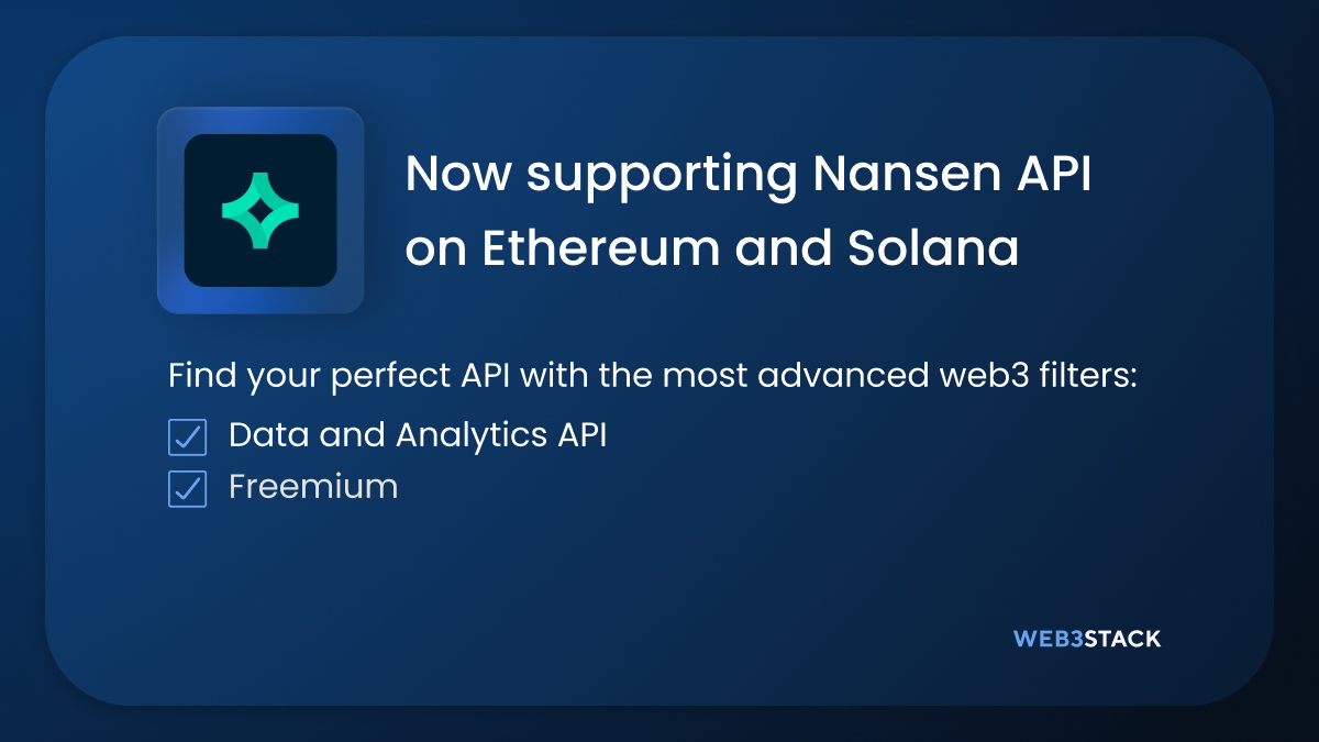 web3stackme's tweet image. Web3stack now supports @nansen_ai API on Ethereum and Solana        
Nansen API - blockchain data and research trusted by the world’s leading crypto teams and investors
Vote for @nansen_ai as the best API
Explore more web3 APIs on Web3stack