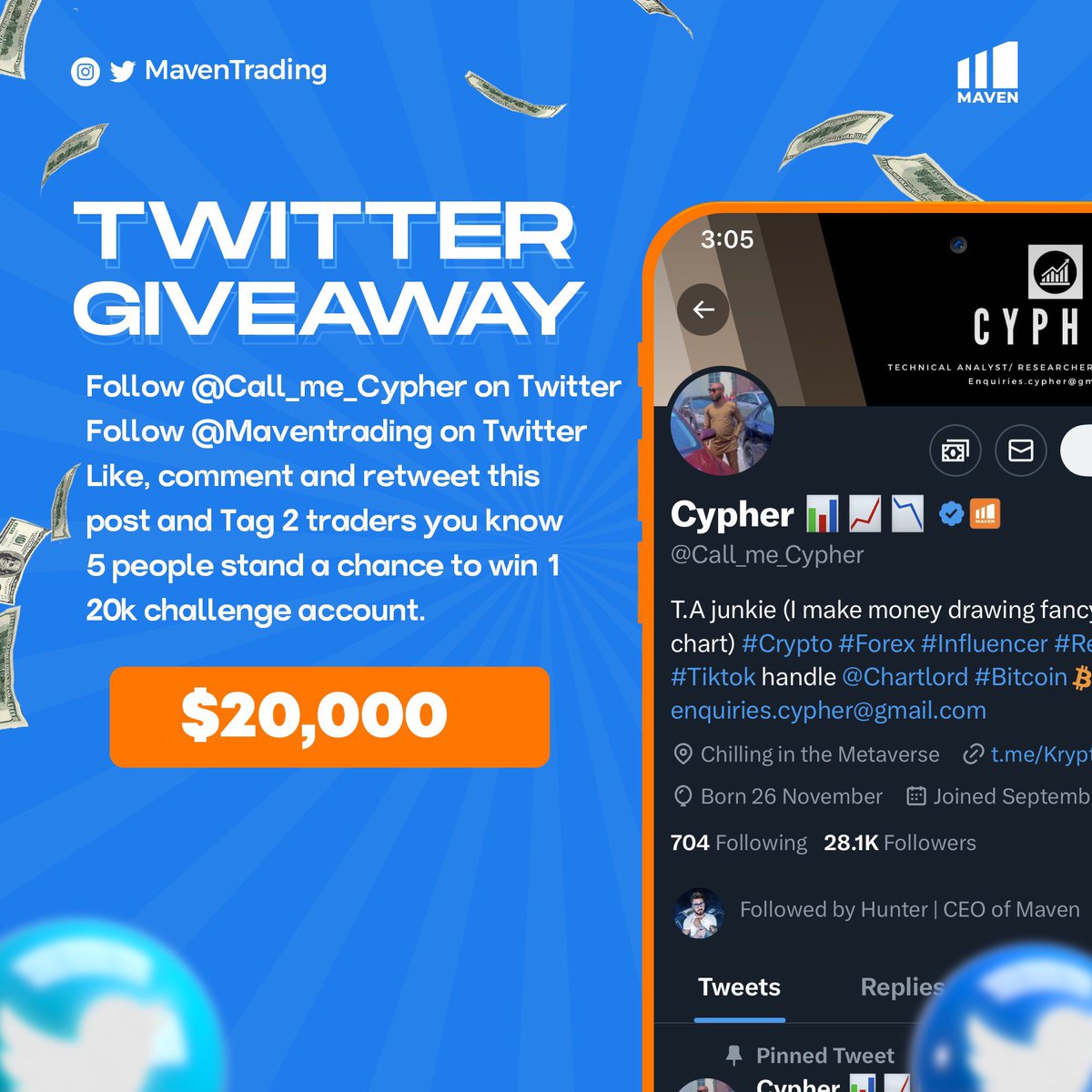 ChartLord 📊📈📉 (@call_me_cypher) on Twitter photo Thursday Prop Giveaway!!
Giving away 20k$ challenge account to 5 lucky persons courtesy of <a href="/Maventrading/">Maven Prop Trading</a>.
To qualify;
Follow @call_me_cypher
Follow <a href="/Maventrading/">Maven Prop Trading</a>
Follow @Traderz_Hub
Like, retweet & tag 2 traders in the comments. Winners will be drawn in 24hours!
Kindly note Thursday Prop Giveaway!!
Giving away 20k$ challenge account to 5 lucky persons courtesy of <a href="/Maventrading/">Maven Prop Trading</a>.
To qualify;
Follow @call_me_cypher
Follow <a href="/Maventrading/">Maven Prop Trading</a>
Follow @Traderz_Hub
Like, retweet & tag 2 traders in the comments. Winners will be drawn in 24hours!
Kindly note