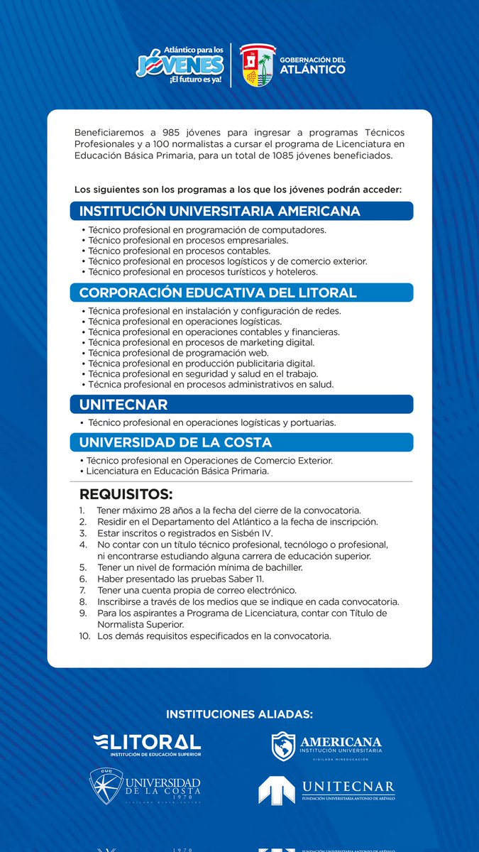 SEDAtlantico's tweet photo. Hoy el turno es para el municipio de #JuanDeAcosta

Invitamos a los jóvenes egresados y normalistas superiores a visitar  la feria de becas condonables #DirectoALaU para conocer las carreras técnicas profesionales, las universidades y cómo inscribirse.

¡Te esperamos! https://t.co/quQxo1SjCb