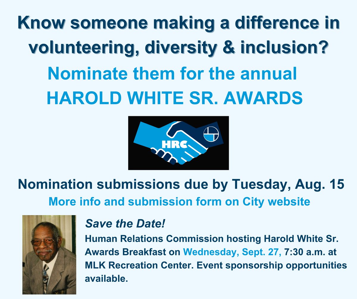 Nominations are now being accepted for the Harold White Sr. Awards! You can nominate a person or organization from #JacksonMi making a difference in volunteering, diversity and inclusion. More info: cityofjackson.org/DocumentCenter…