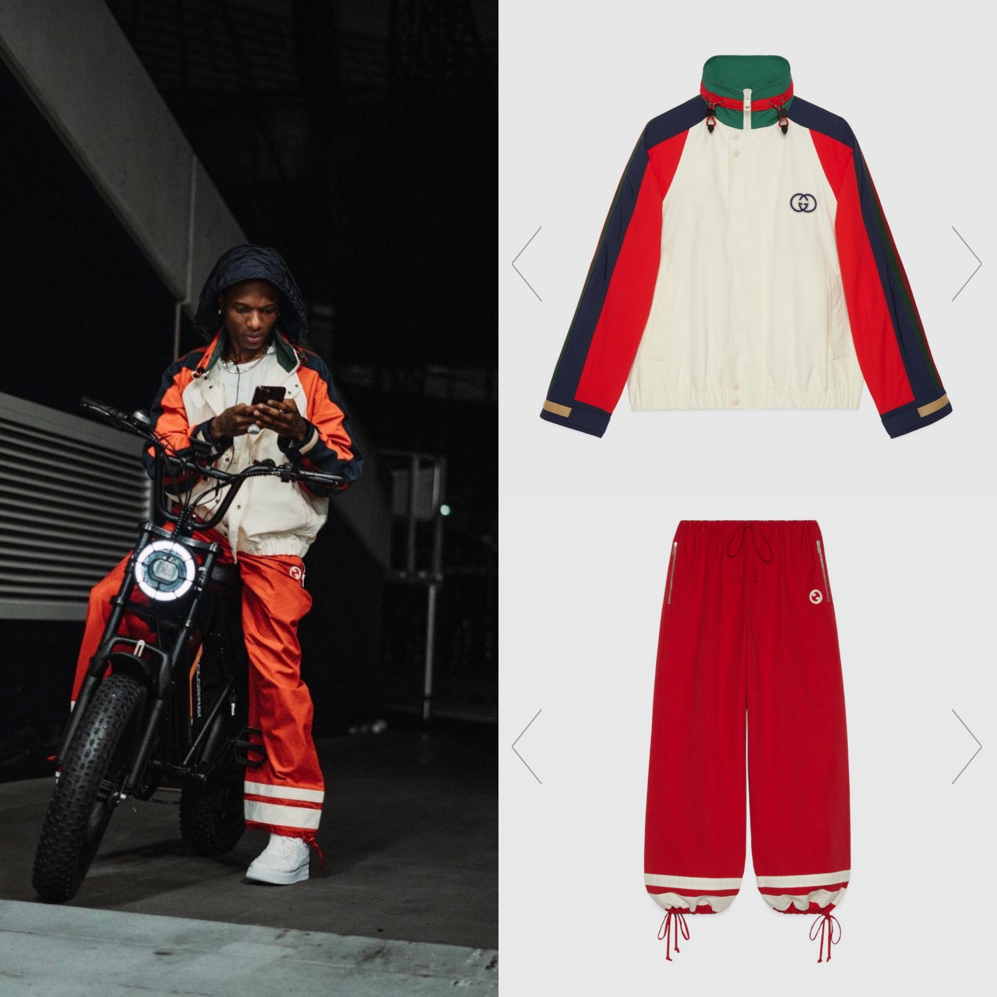 Wizkid at Arise Fashion Week wearing: Louis Vuitton Mini Varsity Blouson  $10,800 