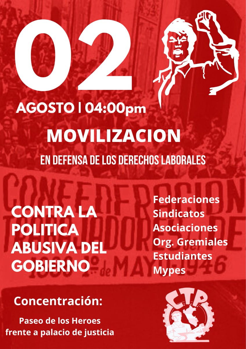 Las bases sindicales y organizaciones gremiales nos movilizamos contra las políticas Anti laborales de <a href="/presidenciaperu/">Presidencia del Perú 🇵🇪</a> y <a href="/congresoperu/">Congreso del Perú 🇵🇪</a> 
Vamos con una agenda social y pliego de reclamos para el Perú.
<a href="/FidelBuitronP/">Fidel Buitron Espinoza</a> <a href="/FuerzaSindicalP/">Russell NGonzales 🇵🇪</a> <a href="/Fetraccaap_Of/">Federación de Trabajadores de Construcción Civil</a> <a href="/Sinamssop_Of/">Sinamssop_Oficial</a> <a href="/PeruMypes/">Mypes Unidas del Perú</a>