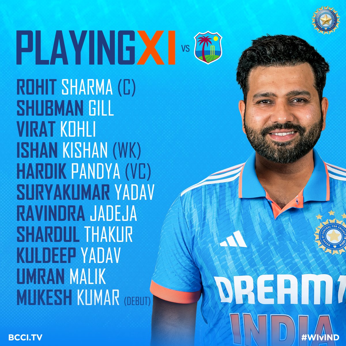 A look at our Playing XI for the 1st ODI against West Indies. Live - bit.ly/WIvIND-1STODI-……… #WIvIND