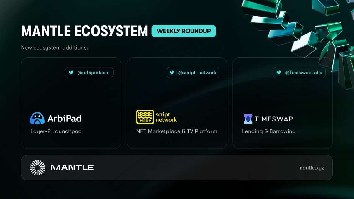 Mantle Ecosystem Roundup: Fresh off the Press 💡

🔍 Uncover the latest projects &amp; trailblazers debuting on #MantleMainnet:

✅ <a href="/arbipadcom/">Arbipad</a>: Layer-2 Launchpad
✅ <a href="/script_network/">Script Network</a>: Live TV Platform &amp; Beyond
✅ <a href="/TimeswapLabs/">Timeswap ⏳</a>: Lending &amp; Borrowing Solutions

#BuildonMantle