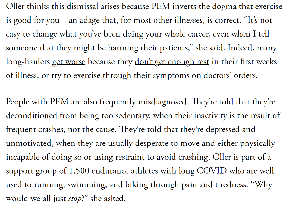 PEM *can* be objectively measured, and yet is often dismissed because it so thoroughly inverts the dogma that exercise is good for you & you should push through ill health. Here, doing that can make you much worse. 5/ theatlantic.com/health/archive…