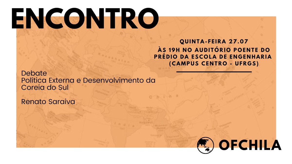 📢 Hoje, às 19h, a <a href="/_ofchila/">OfChiLA</a> realiza mais um encontro neste semestre!   

🇰🇷 Receberemos Renato Saraiva para debatermos a 
política externa e o desenvolvimento da Coreia do Sul  

🕖 Contamos com a presença do público geral no Auditório Poente da Escola de Engenharia