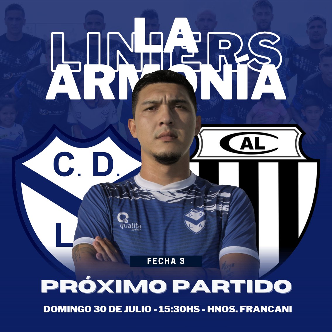 #Fútbol ⚽️ | 🏆 ¡𝗣𝗥Ó𝗫𝗜𝗠𝗢 𝗣𝗔𝗥𝗧𝗜𝗗𝗢! 🥳

🏆 Torneo Clausura - Fecha 3️⃣.
🆚️ La Armonía Vs Liniers.
🗓 Domingo 30 de julio.
🏟 Estadio: Hnos. Francani.
⏱ Hora: 15:30hs.
👨🏻‍⚖️ Árbitro: A designar.

#𝗦𝗼ñ𝗲𝗺𝗼𝘀𝗝𝘂𝗻𝘁𝗼𝘀 💫
#VamosDepo 💙