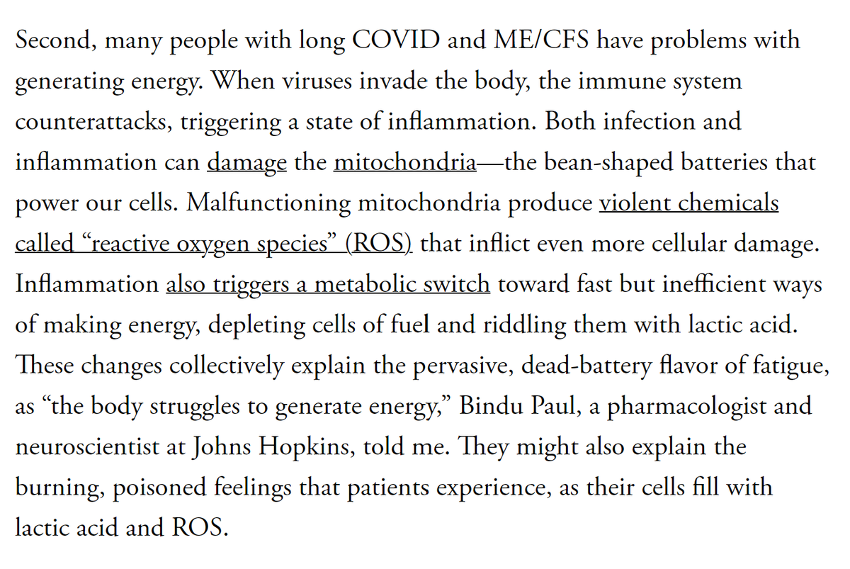 Contrary to popular belief, long COVID & ME/CFS are not mystery diseases. There’s plenty of evidence for at least two major pathways that might cause extreme fatigue and PEM--one neurological, one metabolic. 7/ theatlantic.com/health/archive…