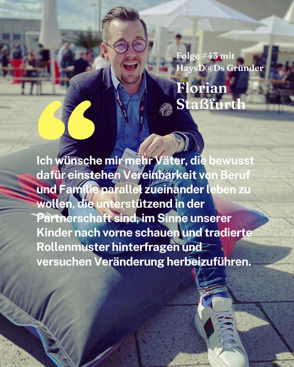 Ein Vater, der Zeit mit seinen 👨‍👧‍👦 verbringen möchte - eine Ausnahme⁉️ Mit Florian Staßfurth, Gründer von HaysD@Ds unterhalten wir uns im Podcast #ichbinsofrei u.a. über: Die Bedürfnisse von #Vereinbarkeit und #Familie aus Papa-Sicht. 
#workingdad #Gleichstellung 
Tune in 🎧