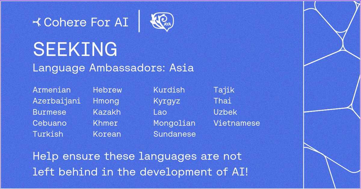 While we have many Asian languages leading with thousands of submissions, these languages still don't have their ambassadors ⬇️

If you speak these languages, join project Aya by <a href="/forai_ml/">Cohere For AI</a> spearheaded by the incredible <a href="/sarahookr/">Sara Hooker</a> 

If you don't, please help spread the word! 🙏📢