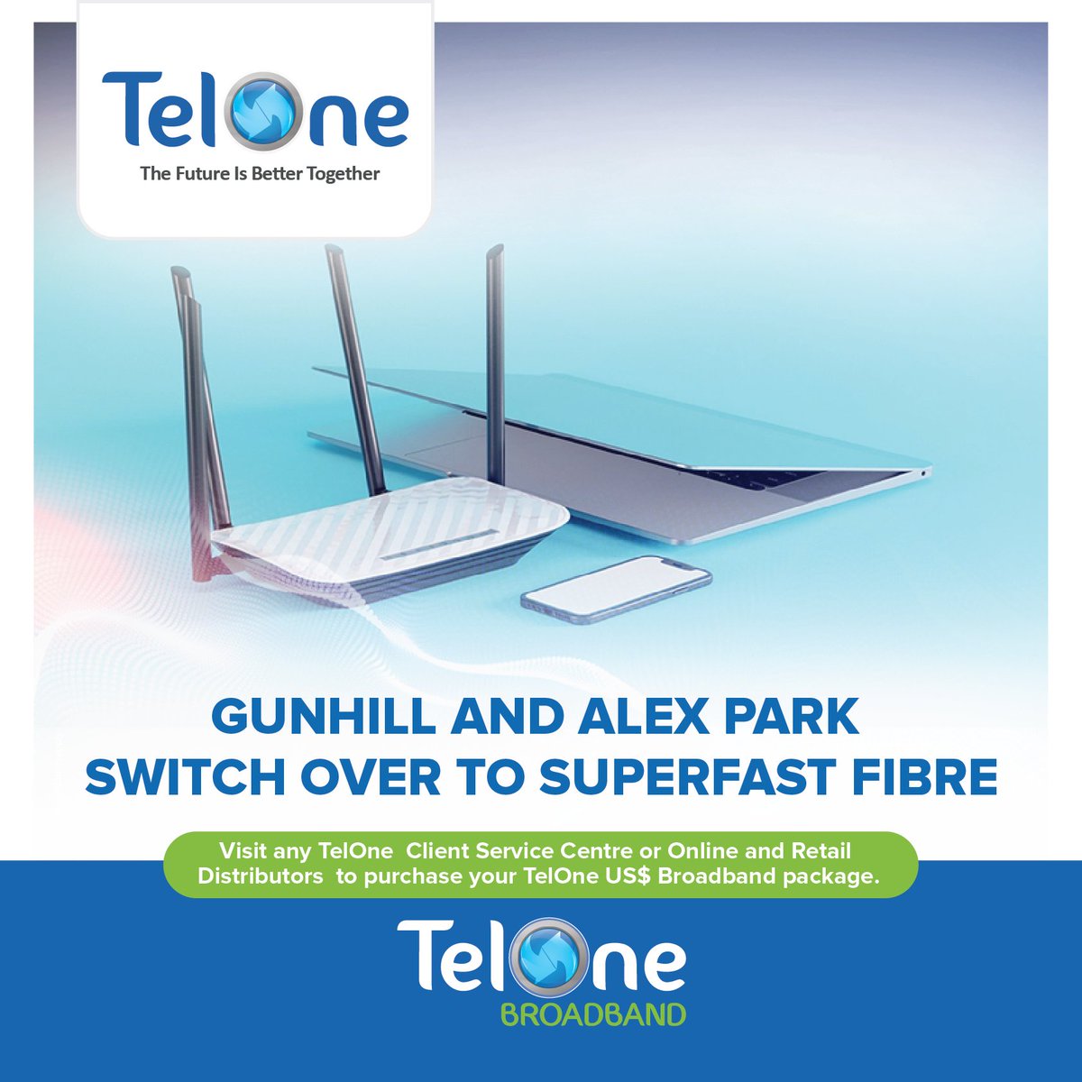 TelOneZW's tweet photo. Gunhill and Alex Park switch Over to super-fast fibre!
We have upgraded our network. Make the switch from ADSL to fibre today! To enjoy your connection you need a fibre compatible modem. Fibre modems are available at any TelOne shop.
#TheFutureIsBetterTogether https://t.co/cmsGQHHUjd